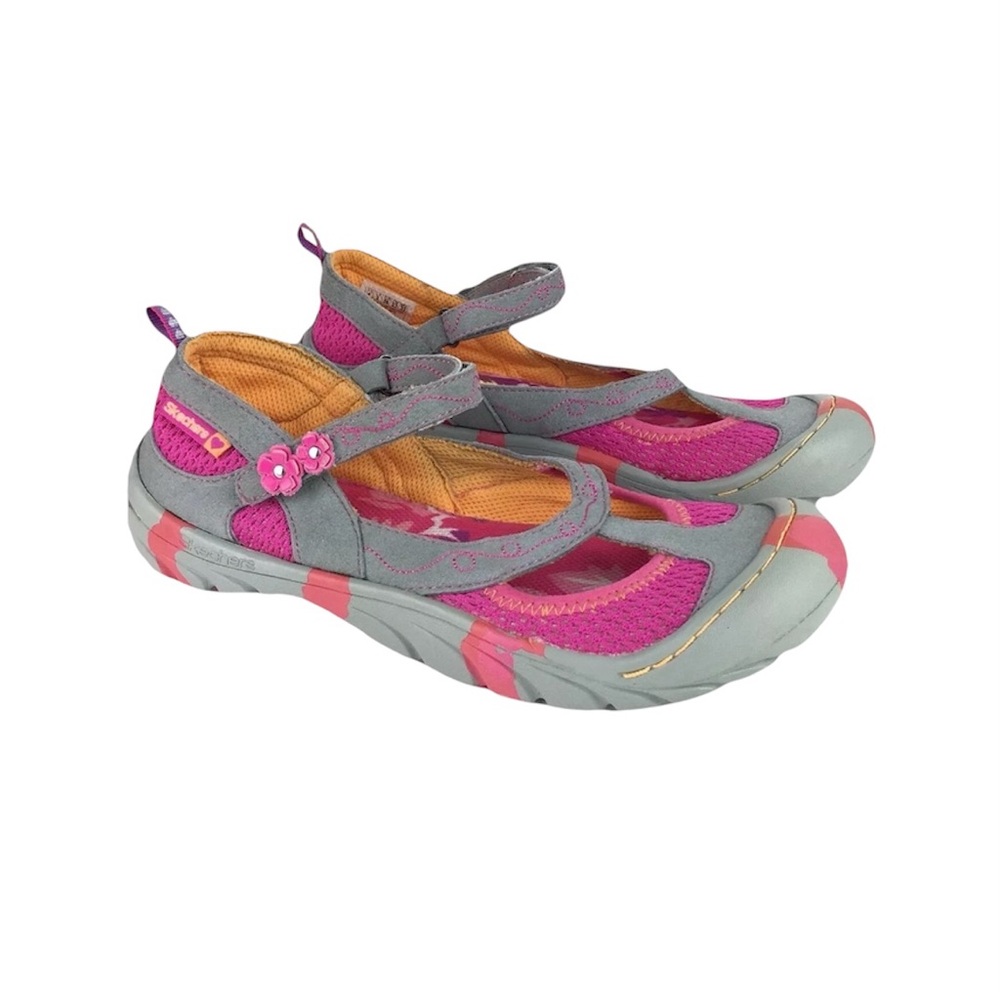Girls Outdoor Shoes Size 4 Skechers Mary Jane Gray Orange Hot Pink Flowers